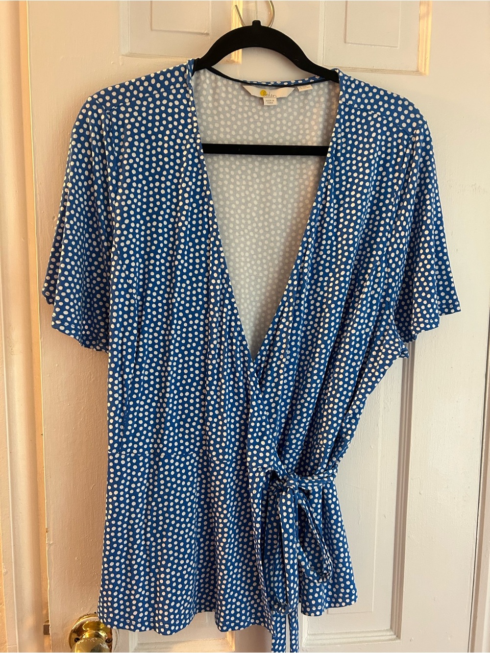 Boden Blue and White Polka Dot Wrap Blouse